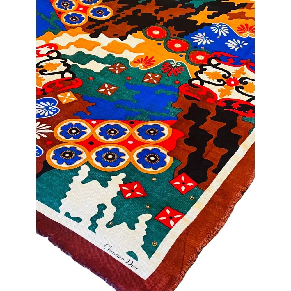 Christian Dior Vintage Vibrant Floral Abstract Art Geometric Rare Square Scarf